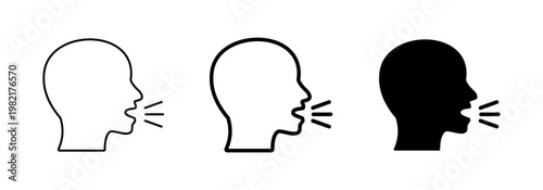 People talk icon set, speak symbol, speaking head, shouting, voice command, announcement sign, man with open mouth and sound lines, communicate