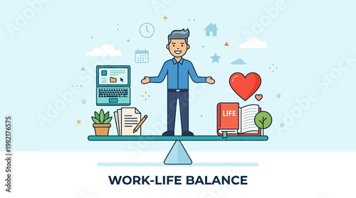 This flat design illustration depicts a person effectively balancing work and personal life elements, highlighting the importance of equilibrium for mental well-being
