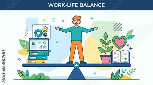 This flat design illustration depicts a person effectively balancing work and personal life elements, highlighting the importance of equilibrium for mental well-being
