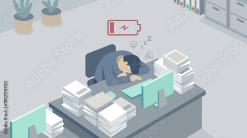 This flat design illustration portrays a person experiencing burnout, depicted as mental exhaustion from overwhelming work or stress, needing rest and recovery.