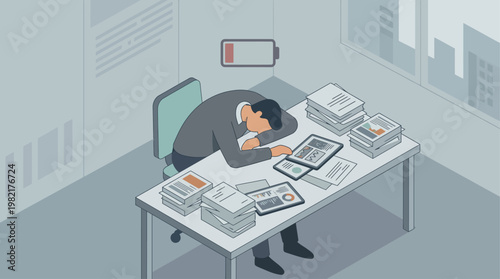 This flat design illustration portrays a person experiencing burnout, depicted as mental exhaustion from overwhelming work or stress, needing rest and recovery.
