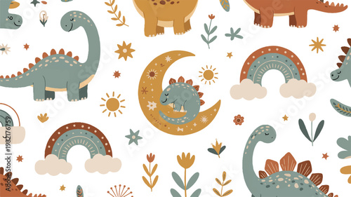 A whimsical hand-drawn illustration of dinosaurs, rainbows, and flowers in a magical nighttime scene.