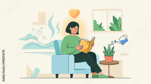 This flat design illustration shows a person actively engaging in various self-care practices, emphasizing self-love and nurturing mental well-being.
