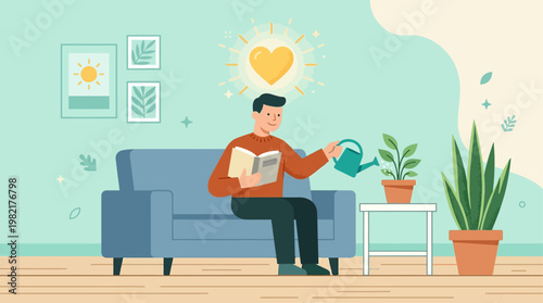 This flat design illustration shows a person actively engaging in various self-care practices, emphasizing self-love and nurturing mental well-being.