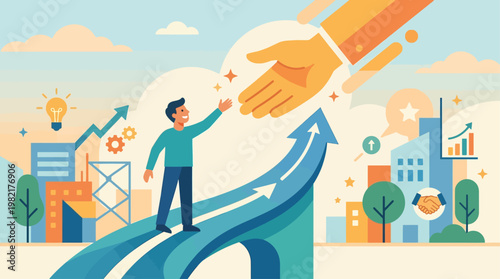 This flat design illustration portrays a person reaching out and receiving a helping hand, symbolizing the act of seeking and accepting mental health support.