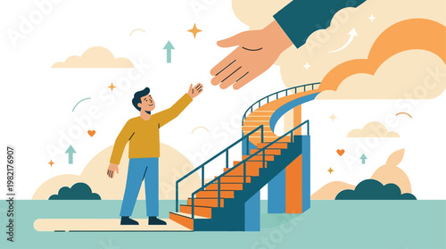 This flat design illustration portrays a person reaching out and receiving a helping hand, symbolizing the act of seeking and accepting mental health support.