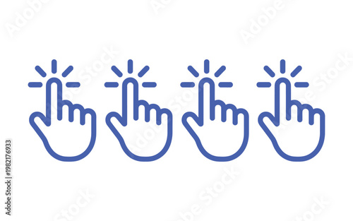 Group of four blue cursor icons demonstrating a click action with radiating light on a transparent background.