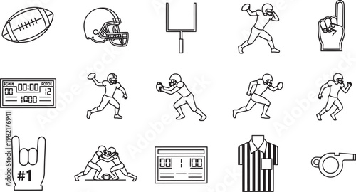 American football icons set a collection of black and white line art illustrations