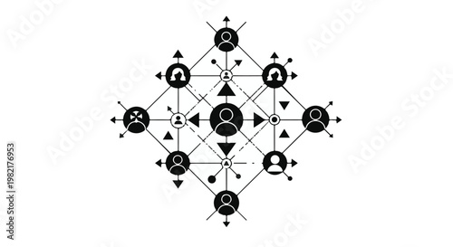 Network nodes connected in a geometric diamond formation illustrate the complex structure of social connections, digital infrastructure, or collaborative team hierarchies in modern business.