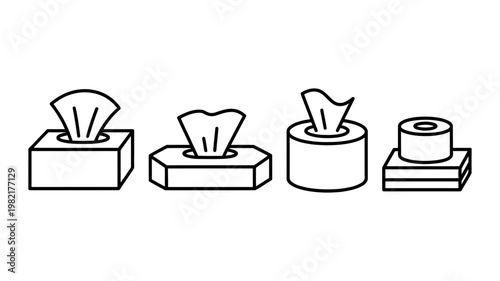 Collection of tissue box and paper dispenser icons in simple black outline style for hygiene and health