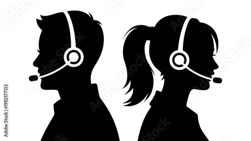 Silhouettes of male and female customer support agents with headsets for corporate communication service