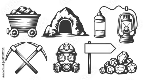 Vintage style mining equipment and resource icons featuring a coal cart tunnel and safety gear set