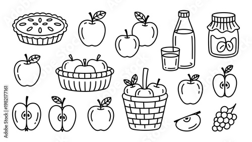 Collection of apple fruit themed icons including baskets pie and juice in clean black and white line art