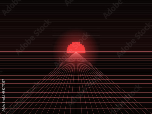 Cyberpunk Neon Wireframe Grid Landscape Futuristic Vector Art