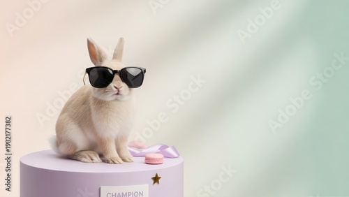 Stylish Rabbit with Sunglasses Posing on a Purple Podium