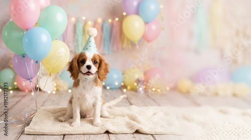 Happy Puppy Celebrating Birthday with Balloons and Party Decor