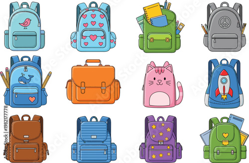 School Backpack Collection with Cute Kids Bags Cartoon Designs Including Rocket Cat Hearts and Classic Student Bag Set Illustration