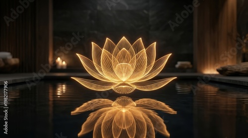 Glowing Lotus Flower in Serene Spa Environment with Reflected Water and Soft Lighting