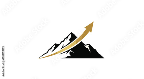 Mountain peak with an upward arrow represents growth and business success in a professional environment.