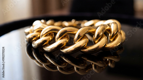 Golden Bracelet: A close-up shot of a luxurious golden bracelet, showcasing its intricate chain design and reflecting on a polished surface.