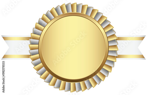 Glossy Silver Ribbon Badge with Gold Trim and Blank Gold Medal Illustration