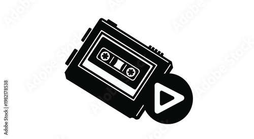 Cassette player icon features a vintage audio tape device paired with a play button to evoke a nostalgic sense of retro music culture and analog sound playback in a modern digital format.