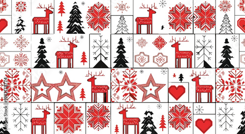 Reindeer and snowflake patterns decorate this festive textile print in a traditional Nordic style.