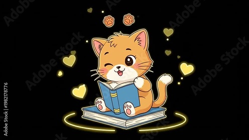 Cartoon cat reading book with glowing effects and hearts on black backdrop