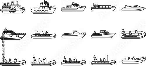 Boats and Vessels Icon Set Featuring Cargo, Yacht, Speedboat, and Rescue Boats for Marine and Transportation Concepts