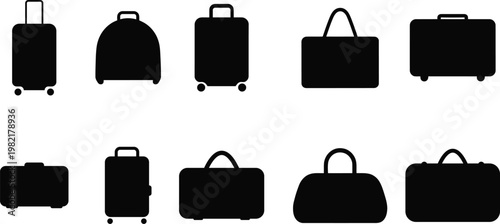 Collection of diverse black travel luggage silhouettes including suitcases and duffel bags on a white background