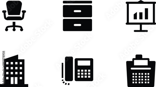 Collection of office icons including a chair filing cabinet presentation board building telephone and calendar isolated on transparent background