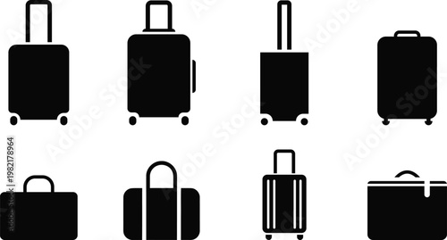 Collection of eight distinct black silhouette icons representing various types of luggage and travel bags isolated on transparent background