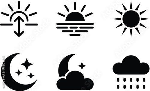 Collection of weather icons representing sunrise sunset sun moon stars and rain isolated on transparent background