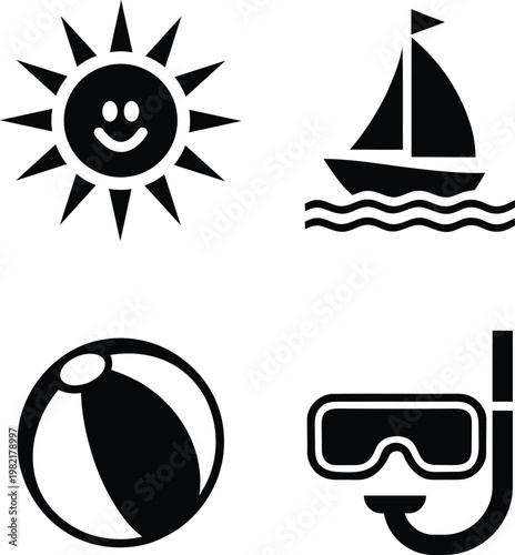 Collection of four cartoonlike summer vacation icons including a smiling sun sailboat on waves beach ball and snorkel mask