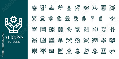 Artificial Intelligence Icon Set with AI Brain, Machine Learning, Robot, Data Network and Futuristic Technology Vector Collection