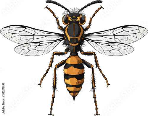 Paper Wasp with Long Thin Body and Yellow and Black Stripes