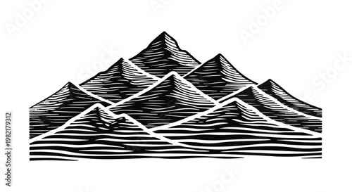 Mountains depicted in a bold black and white woodcut style illustrate the rugged nature of peak formations and are suitable for clean graphic design projects needing a stark landscape.