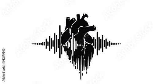 Heart anatomy integrated with a rhythmic sound frequency wave reflects the vital connection between biological health, medical technology, and the steady pulse of modern human life cycles.