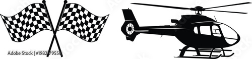 Black and White Icons of Racing Checkered Flags and Helicopter, Representing Motorsport and Aviation Themes for Web and App Design