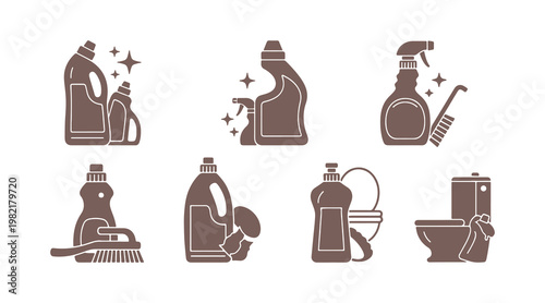 Toilet cleaner displayed on a white backdrop.  Cleaning supplies for the home.  Liquid in a bottle.  Vector flat illustration.