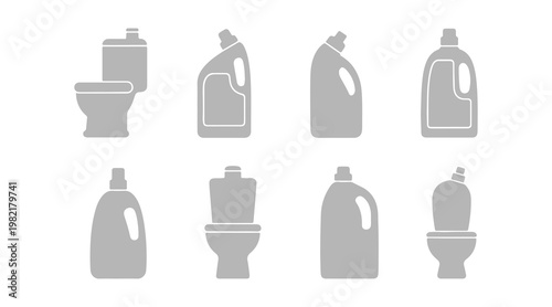 Toilet cleaner set against a white background.  House cleaning supplies.  Liquid product in a bottle.  Vector flat illustration.