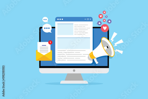 Content marketing, Digital advertising, Website marketing, Social media marketing. Flat Design Vector Illustration