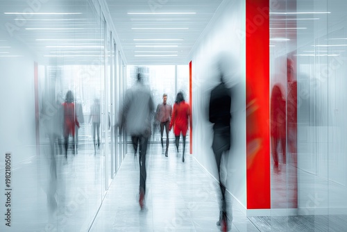 A blurred motion image depicts people walking through a modern, brightly lit hallway with a striking red accent wall, conveying a sense of activity and progress.