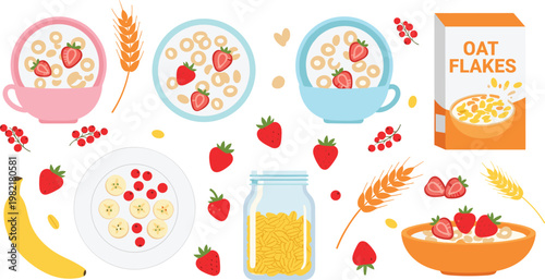 Healthy Breakfast Food Illustration Set Featuring Oatmeal Bowls, Strawberries, Banana, Oat Flakes Box, and Cereal Elements for Nutrition Concepts