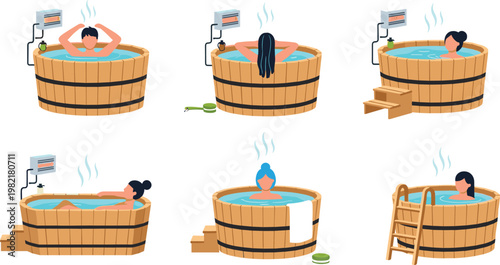 Hot Tub Spa Relaxation Illustration Set Featuring People Bathing in Wooden Bathtub with Steam, Ladder, and Wellness Therapy Concept Design