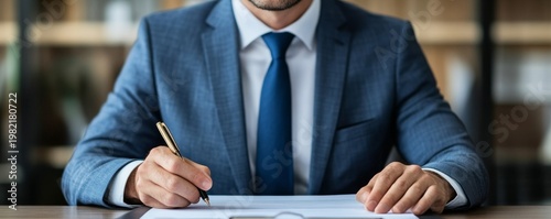 Mid-shot Professional in blue suit signing official contract with golden pen at desk, symbolizing business agreement and legal documentation., signature, corporate