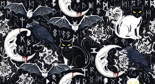 Cats and ravens appear alongside screaming moons in this dark gothic pattern decorated with occult symbols and flying bats on a black background.