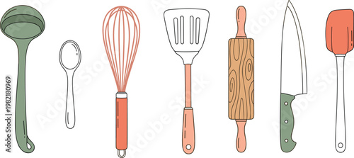 Kitchen Utensils Set Featuring Ladle, Spoon, Whisk, Spatula, Rolling Pin, and Knife for Cooking Design