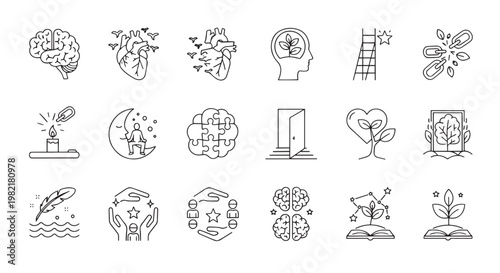 Mental Health Psychology and Personal Growth Line Icon Set