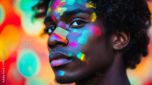 Vibrant portrait of a young man with colorful face painting against a blurred bright background showcasing artistic expression and diversity in contemporary art. Generative AI